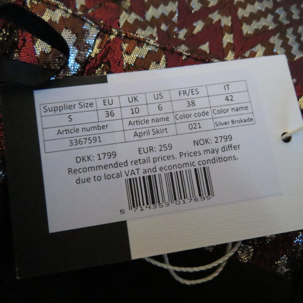 BIRGITTE HERSKIND Silver Red Metallic Brocade Ruched April Skirt - Size US 6 - Picture 15 of 15